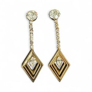 Vintage Rhinestone Drop Earrings Gold Tone Diamond Drop Clip-On Festive Cocktail